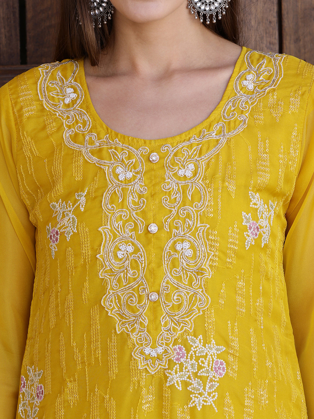 Pakistani Sequined Embroidered Kurta With Pant & Dupatta, Yellow - Hiral Fashion