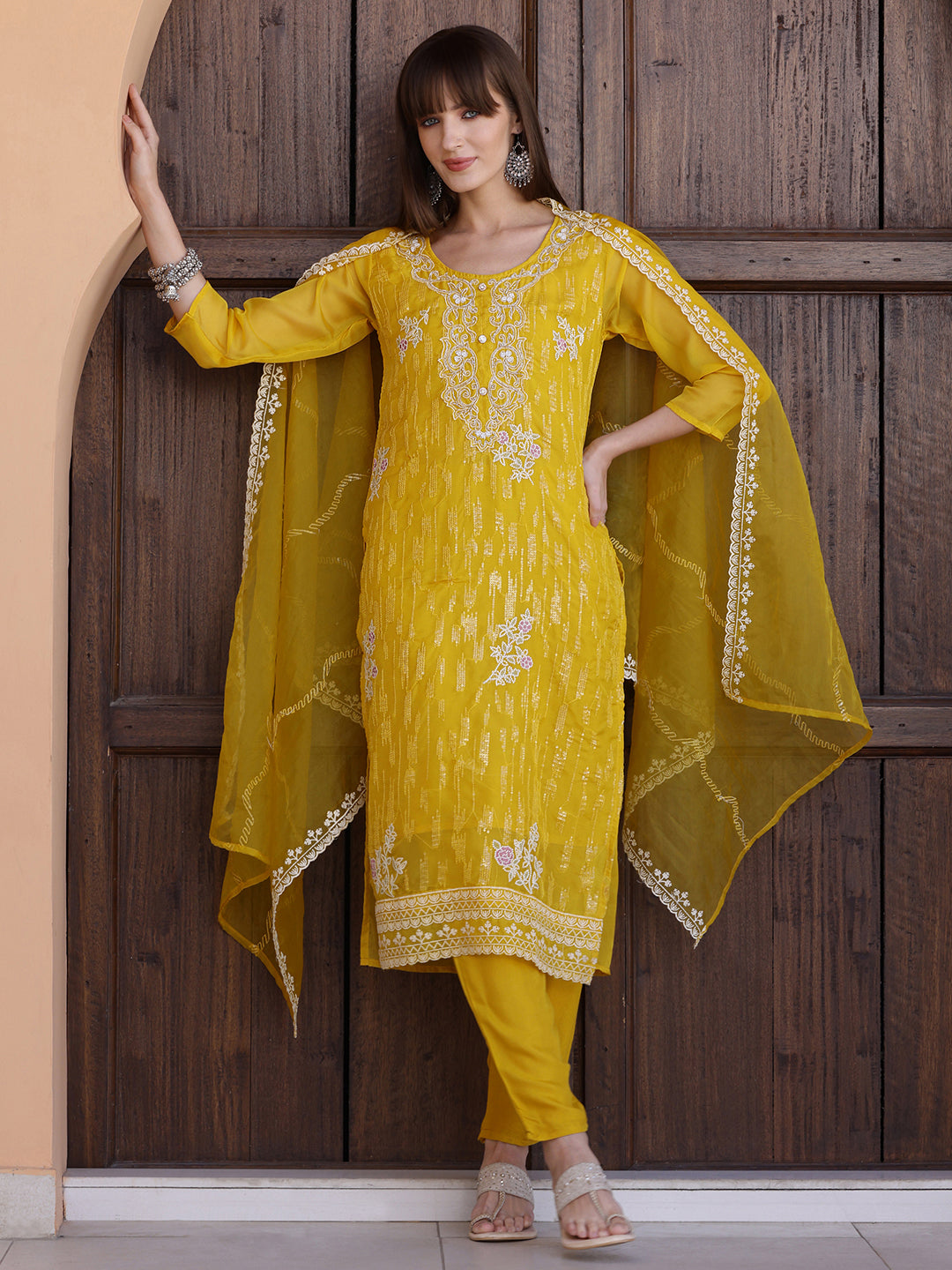 Pakistani Sequined Embroidered Kurta With Pant & Dupatta, Yellow - Hiral Fashion
