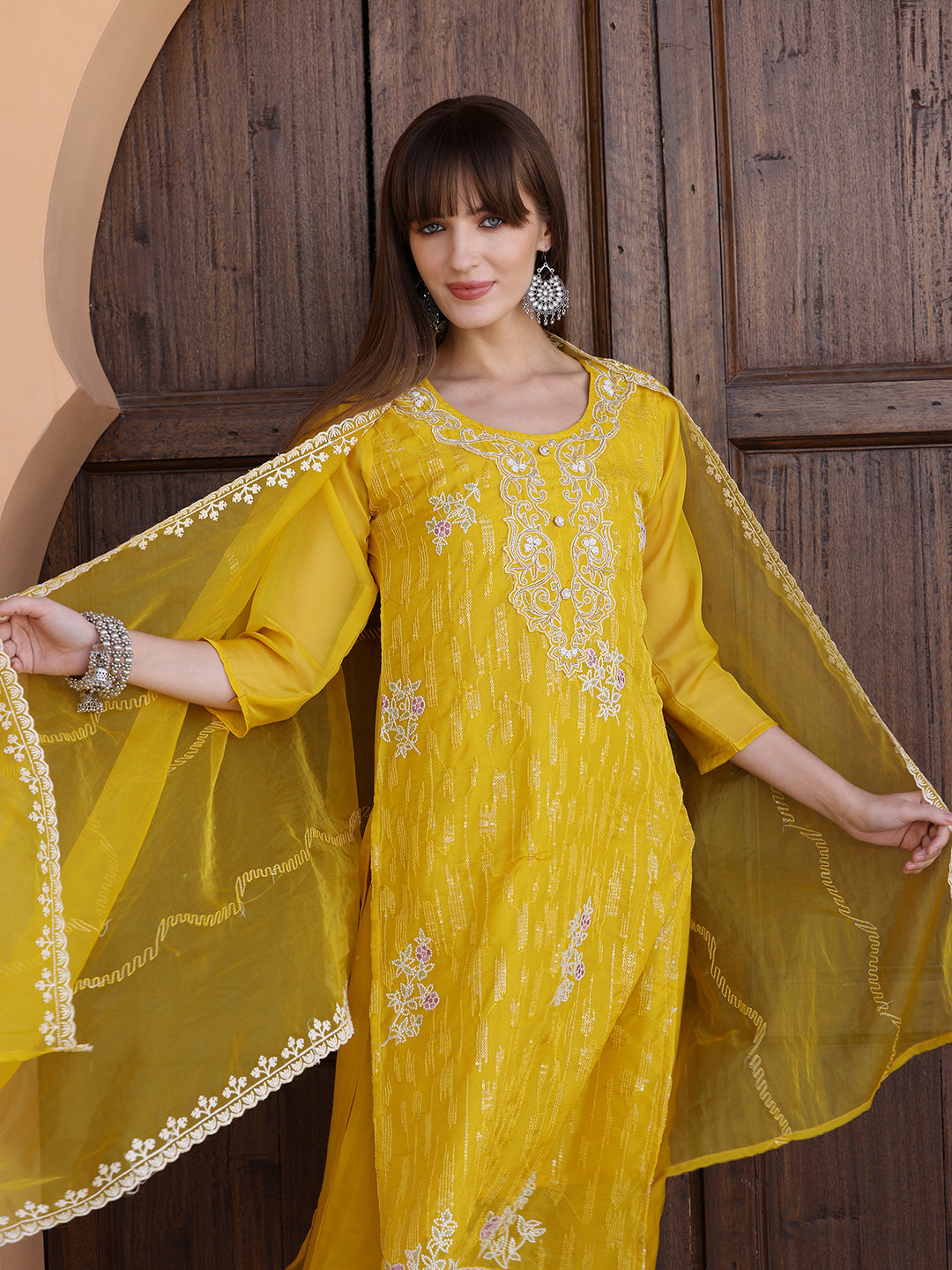 Pakistani Sequined Embroidered Kurta With Pant & Dupatta, Yellow - Hiral Fashion