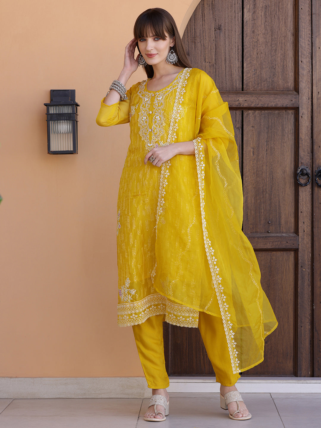Pakistani Sequined Embroidered Kurta With Pant & Dupatta, Yellow - Hiral Fashion