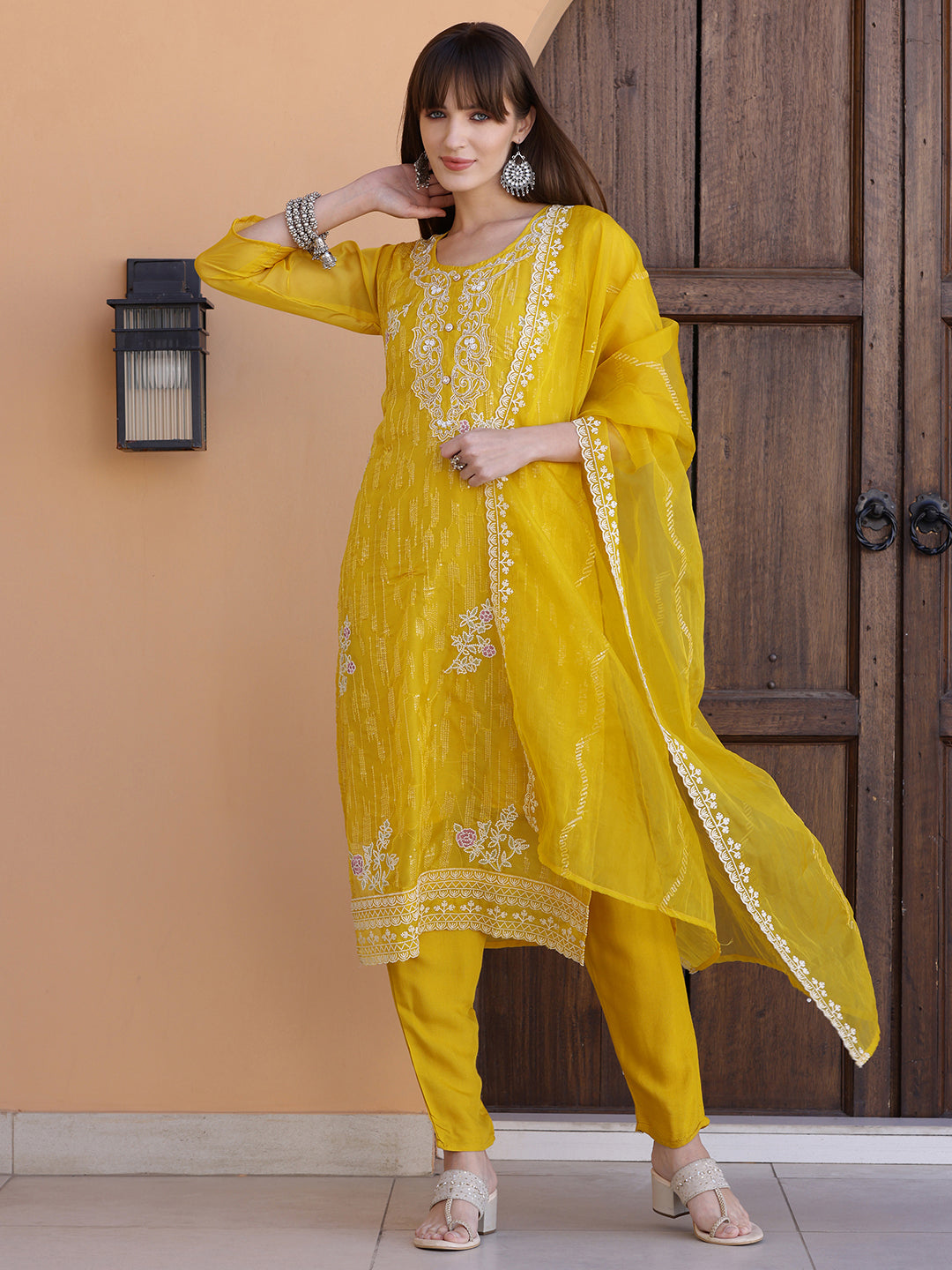 Pakistani Sequined Embroidered Kurta With Pant & Dupatta, Yellow - Hiral Fashion