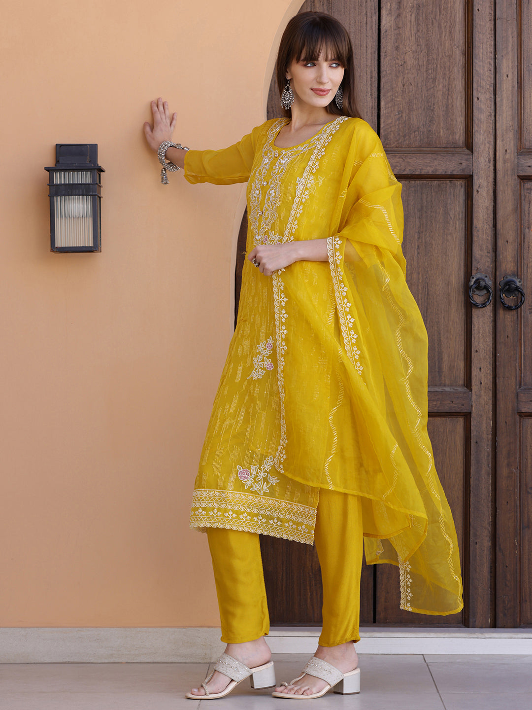Pakistani Sequined Embroidered Kurta With Pant & Dupatta, Yellow - Hiral Fashion