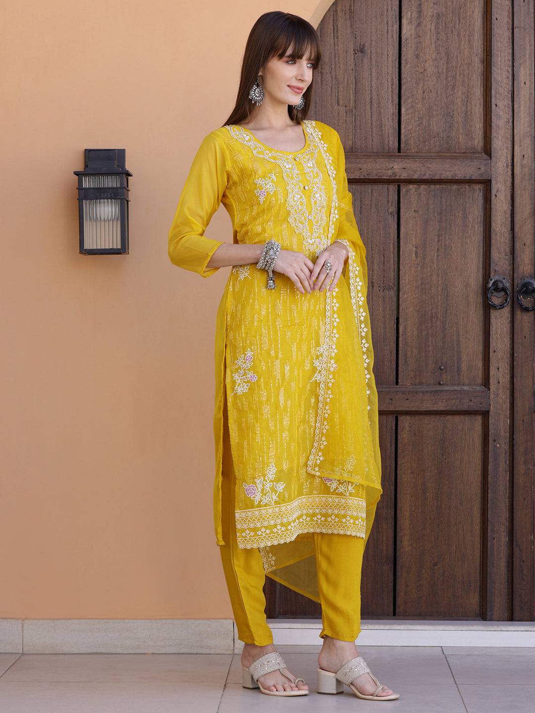 Pakistani Sequined Embroidered Kurta With Pant & Dupatta, Yellow - Hiral Fashion