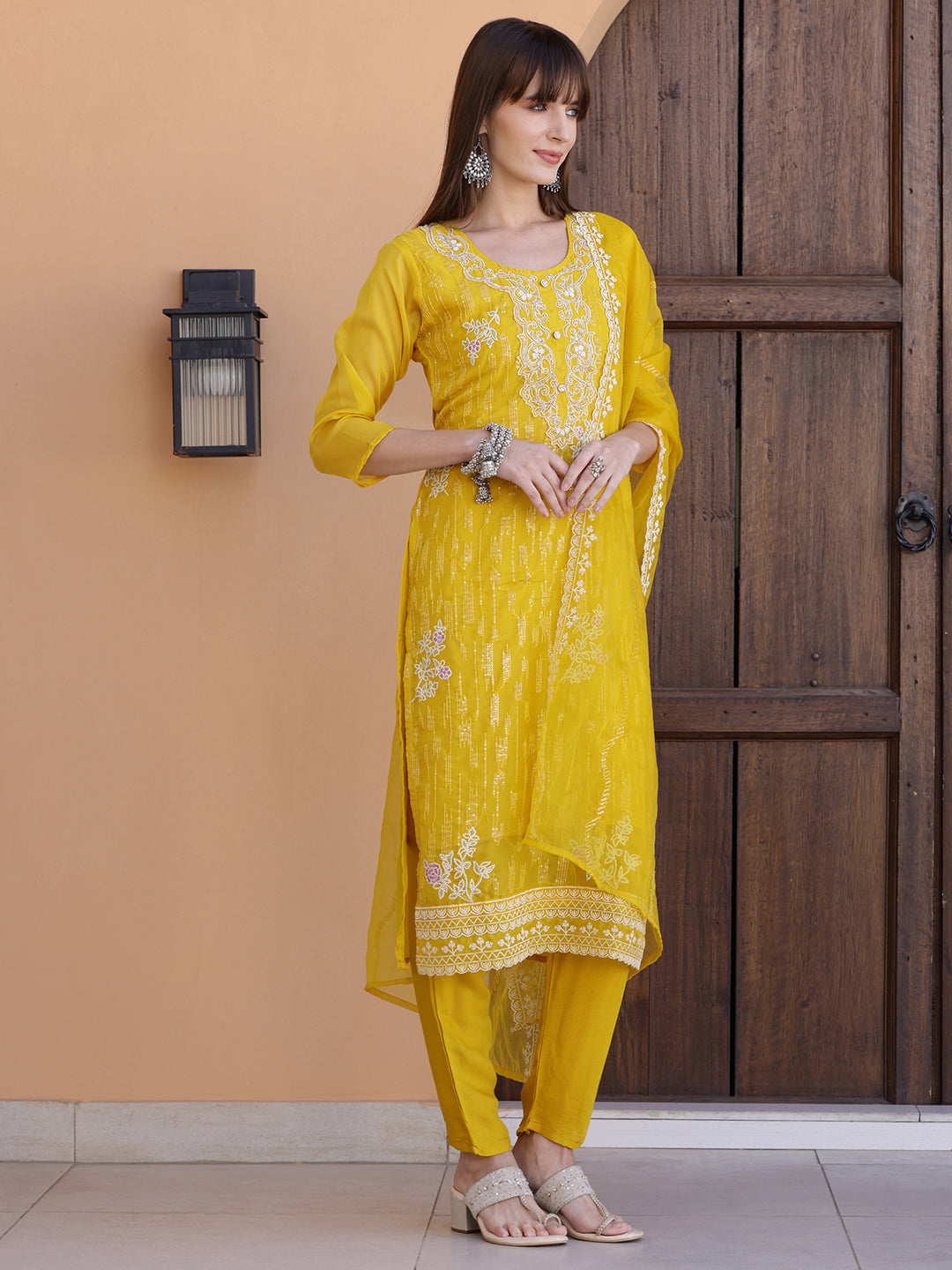 Pakistani Sequined Embroidered Kurta With Pant & Dupatta, Yellow - Hiral Fashion