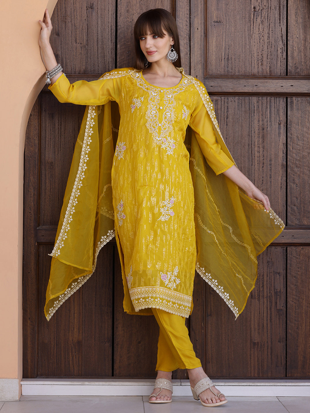 Pakistani Sequined Embroidered Kurta With Pant & Dupatta, Yellow - Hiral Fashion