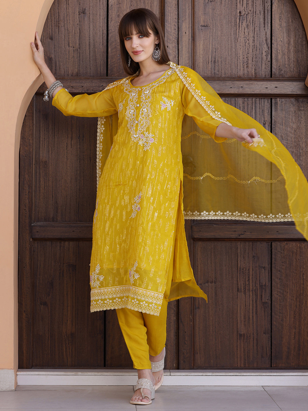 Pakistani Sequined Embroidered Kurta With Pant & Dupatta, Yellow - Hiral Fashion