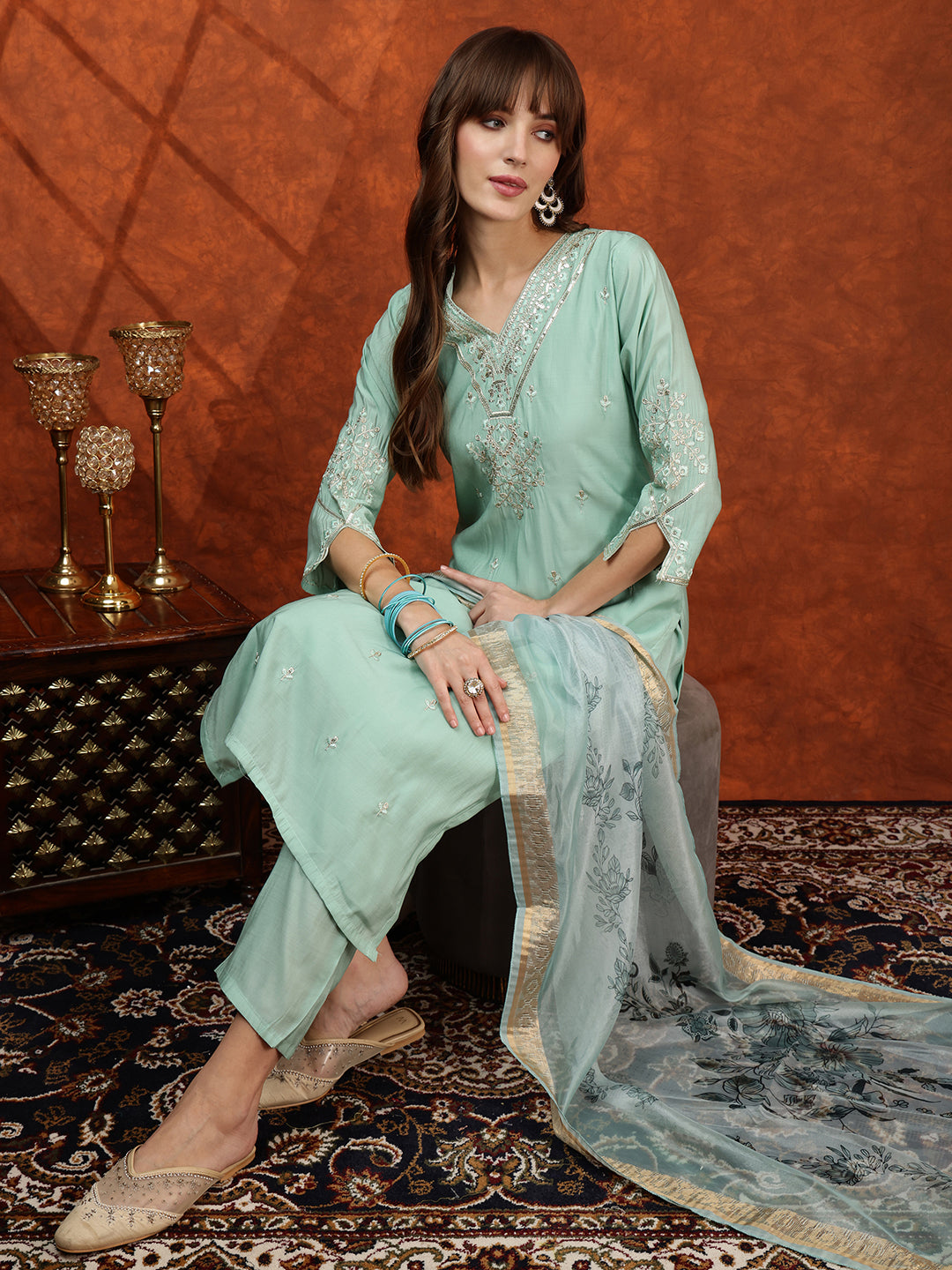 Sequined Embroidered Kurta With Pant & Floral Printed Dupatta, Green - Hiral Fashion