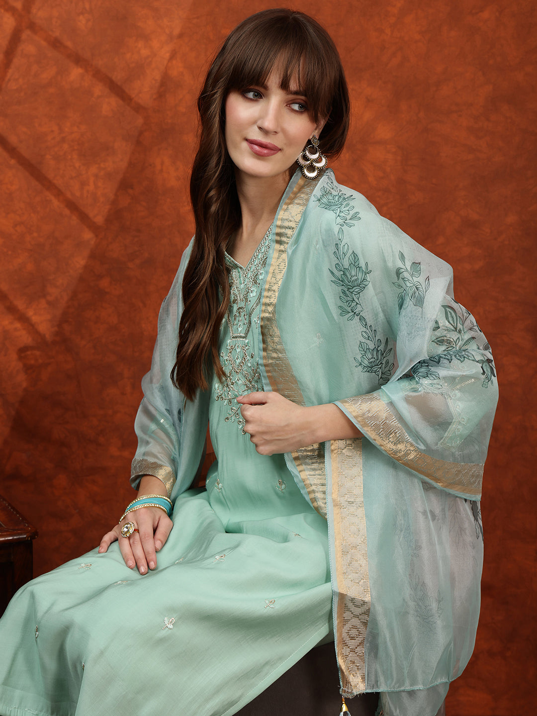 Sequined Embroidered Kurta With Pant & Floral Printed Dupatta, Green - Hiral Fashion