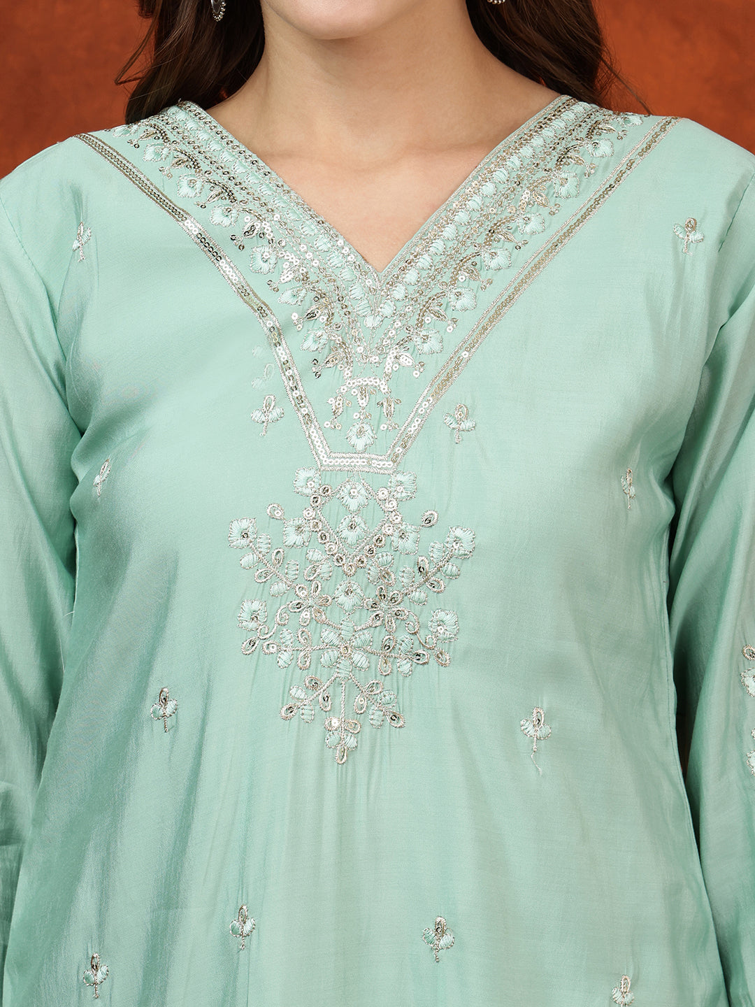 Sequined Embroidered Kurta With Pant & Floral Printed Dupatta, Green - Hiral Fashion
