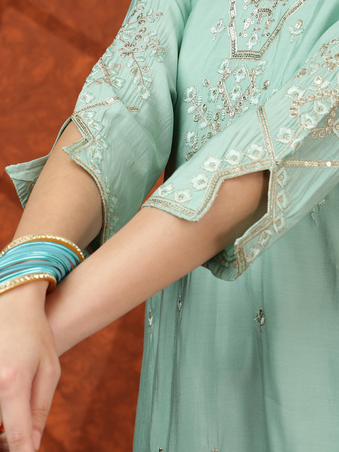 Sequined Embroidered Kurta With Pant & Floral Printed Dupatta, Green - Hiral Fashion