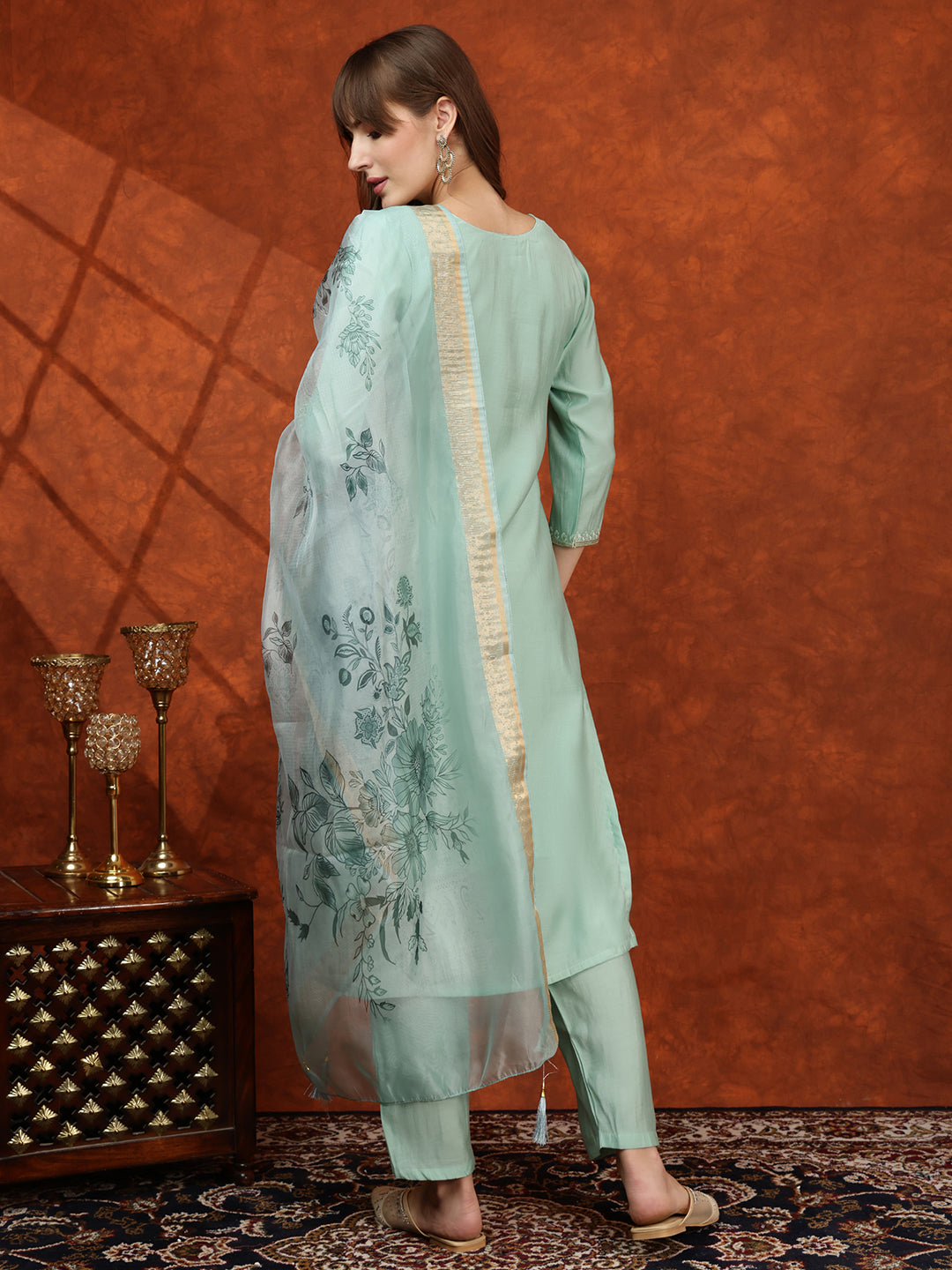 Sequined Embroidered Kurta With Pant & Floral Printed Dupatta, Green - Hiral Fashion