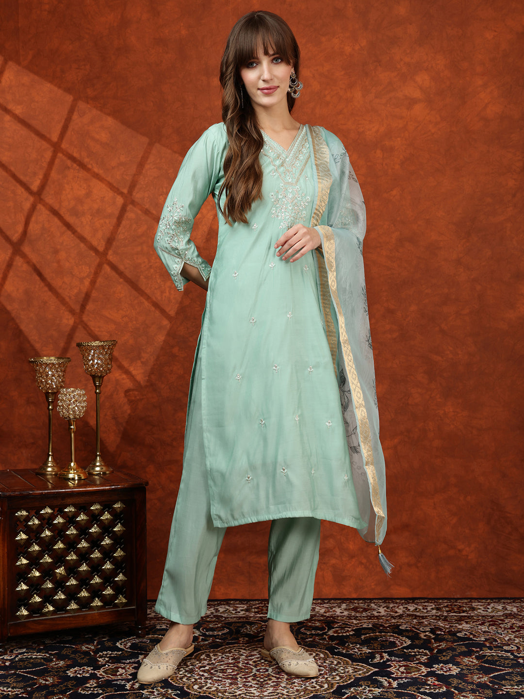 Sequined Embroidered Kurta With Pant & Floral Printed Dupatta, Green - Hiral Fashion