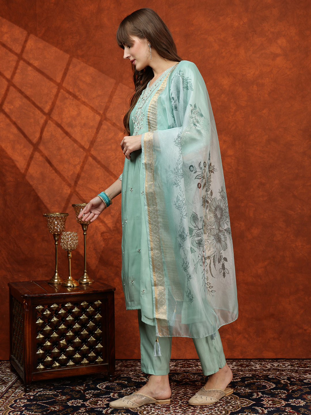 Sequined Embroidered Kurta With Pant & Floral Printed Dupatta, Green - Hiral Fashion