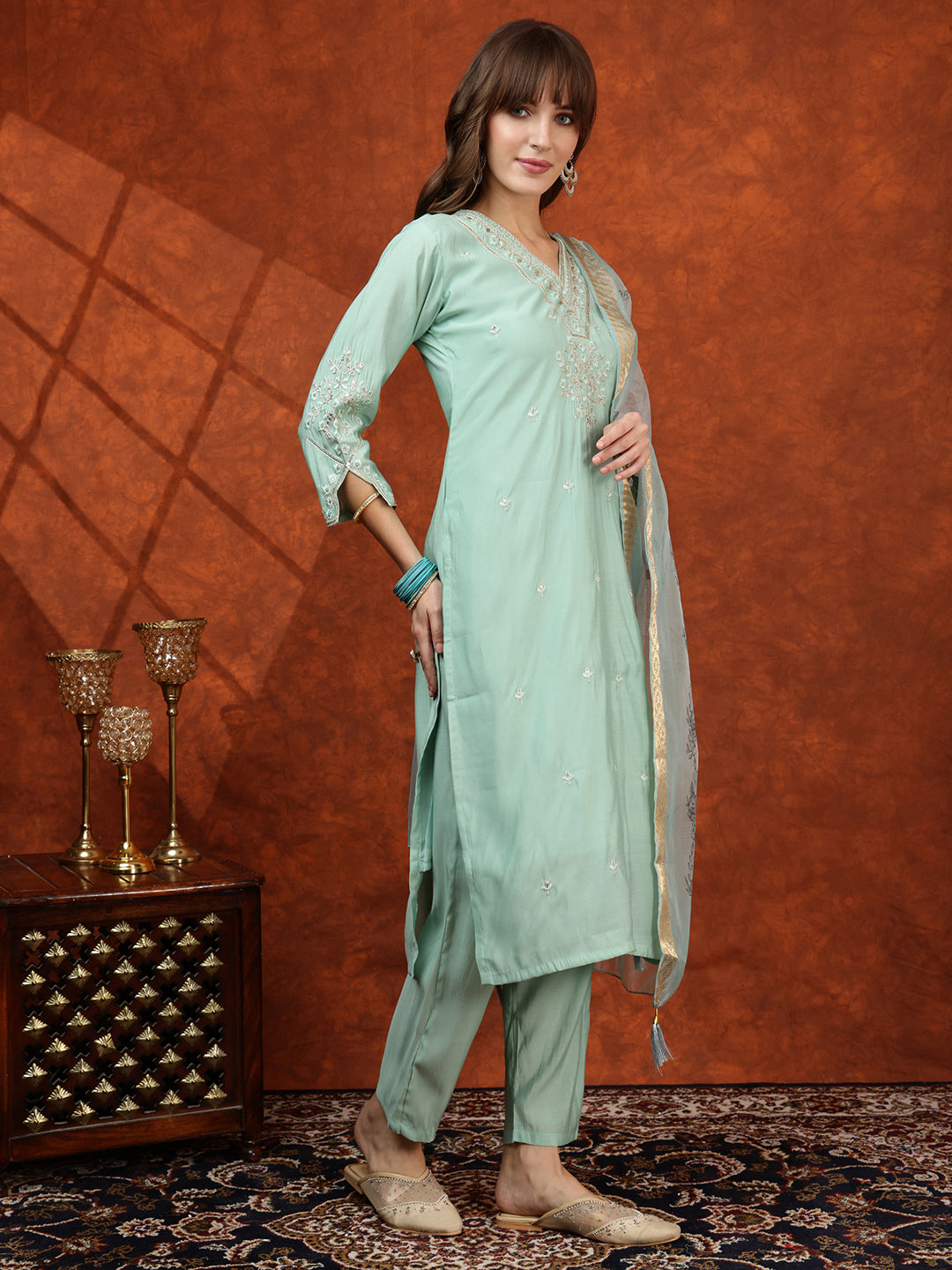 Sequined Embroidered Kurta With Pant & Floral Printed Dupatta, Green - Hiral Fashion