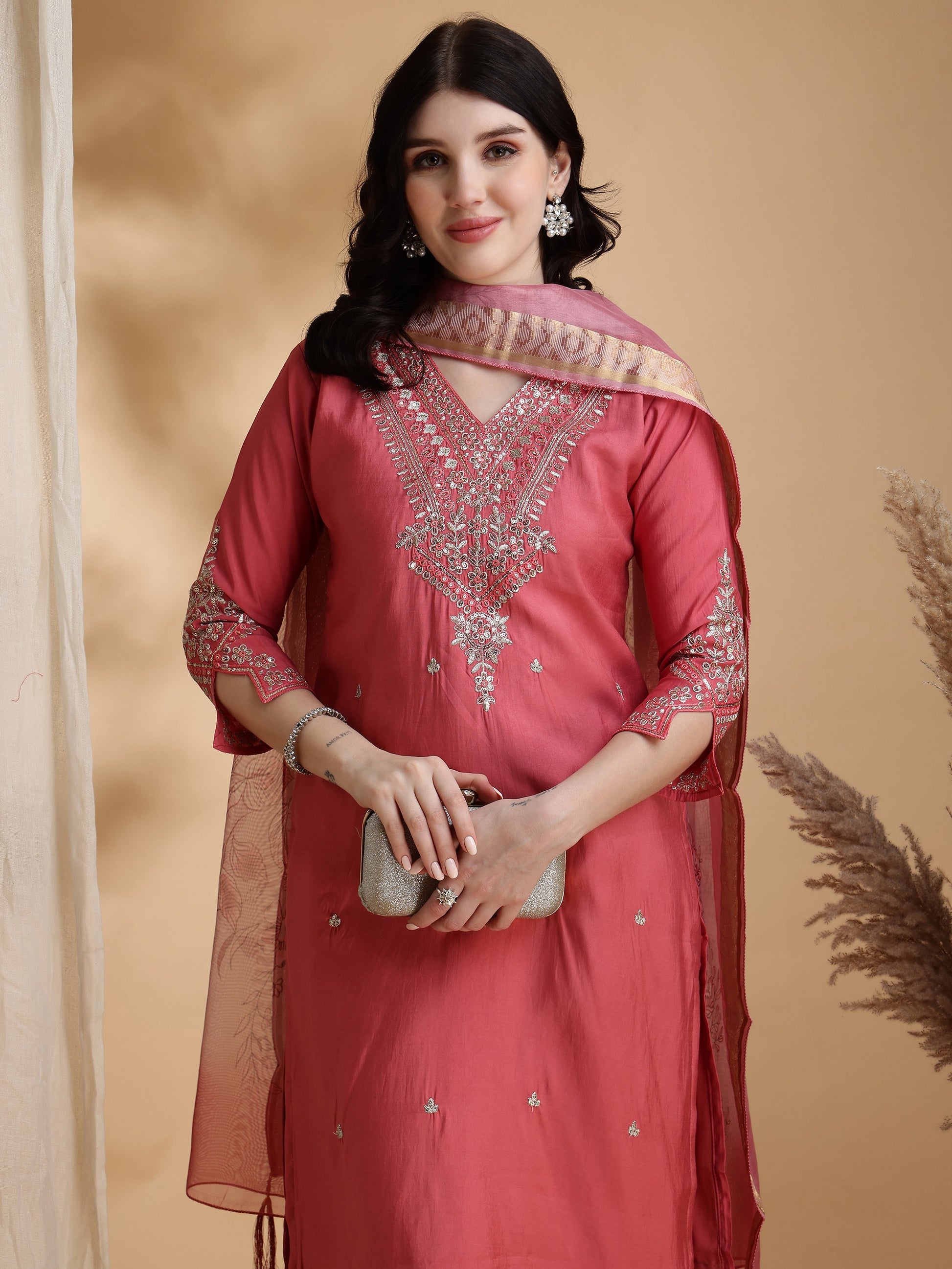 Sequined Embroidered Kurta With Pant & Floral Printed Dupatta, Pink - Hiral Fashion