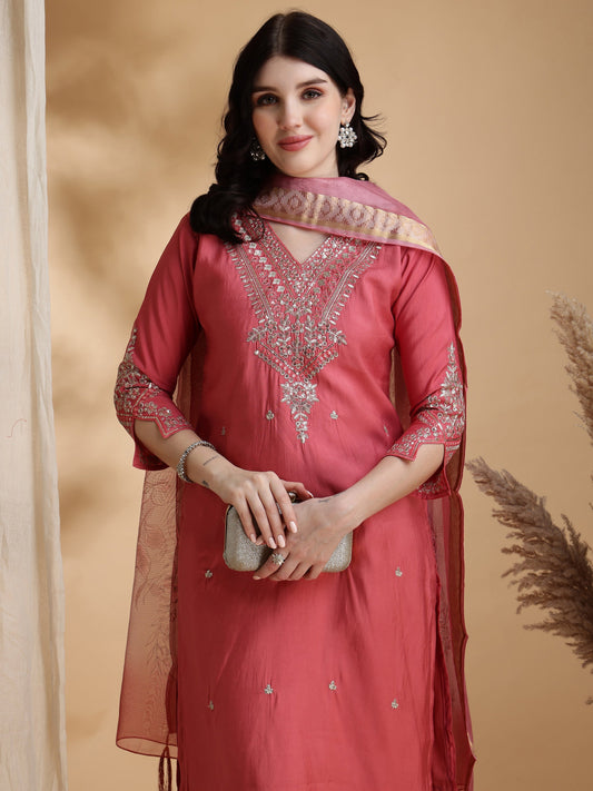 Sequined Embroidered Kurta With Pant & Floral Printed Dupatta, Pink - Hiral Fashion