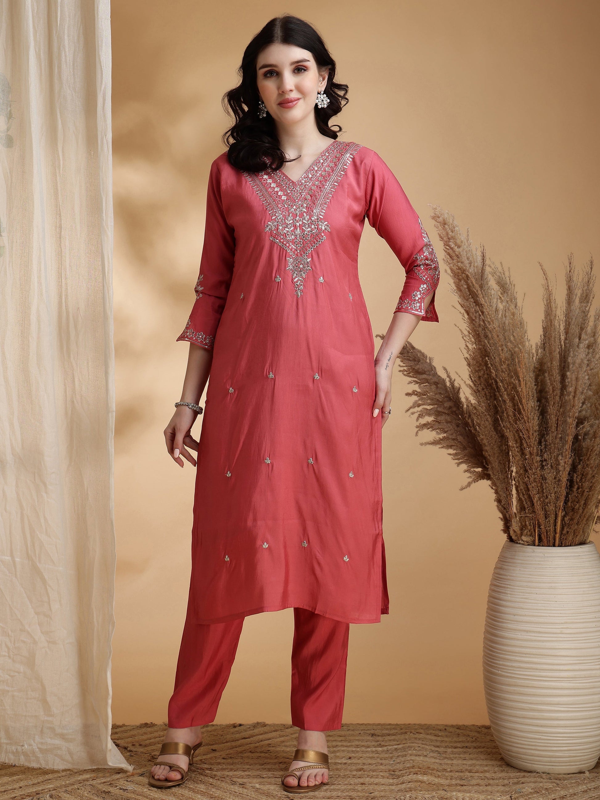 Sequined Embroidered Kurta With Pant & Floral Printed Dupatta, Pink - Hiral Fashion