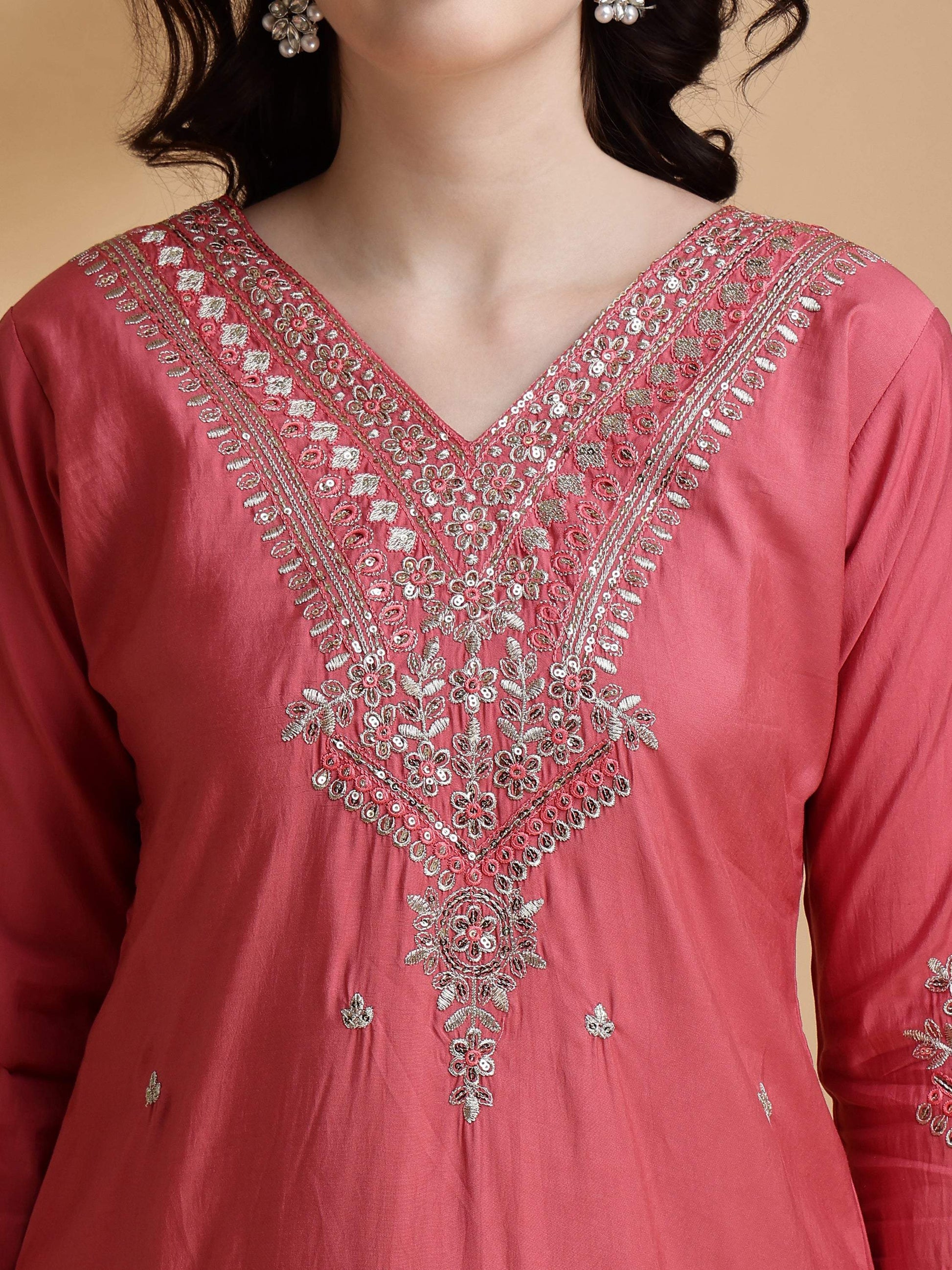 Sequined Embroidered Kurta With Pant & Floral Printed Dupatta, Pink - Hiral Fashion