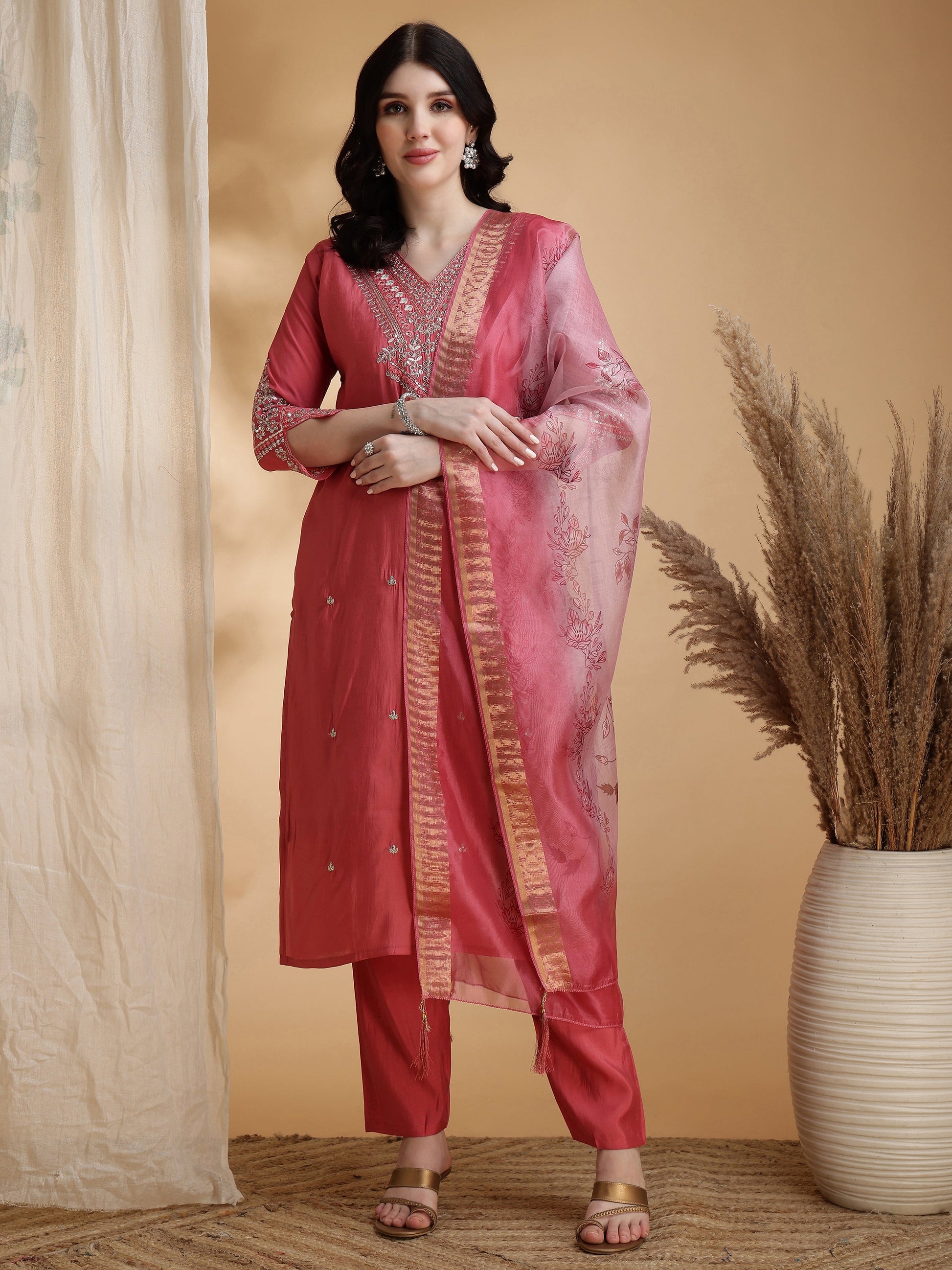 Sequined Embroidered Kurta With Pant & Floral Printed Dupatta, Pink - Hiral Fashion