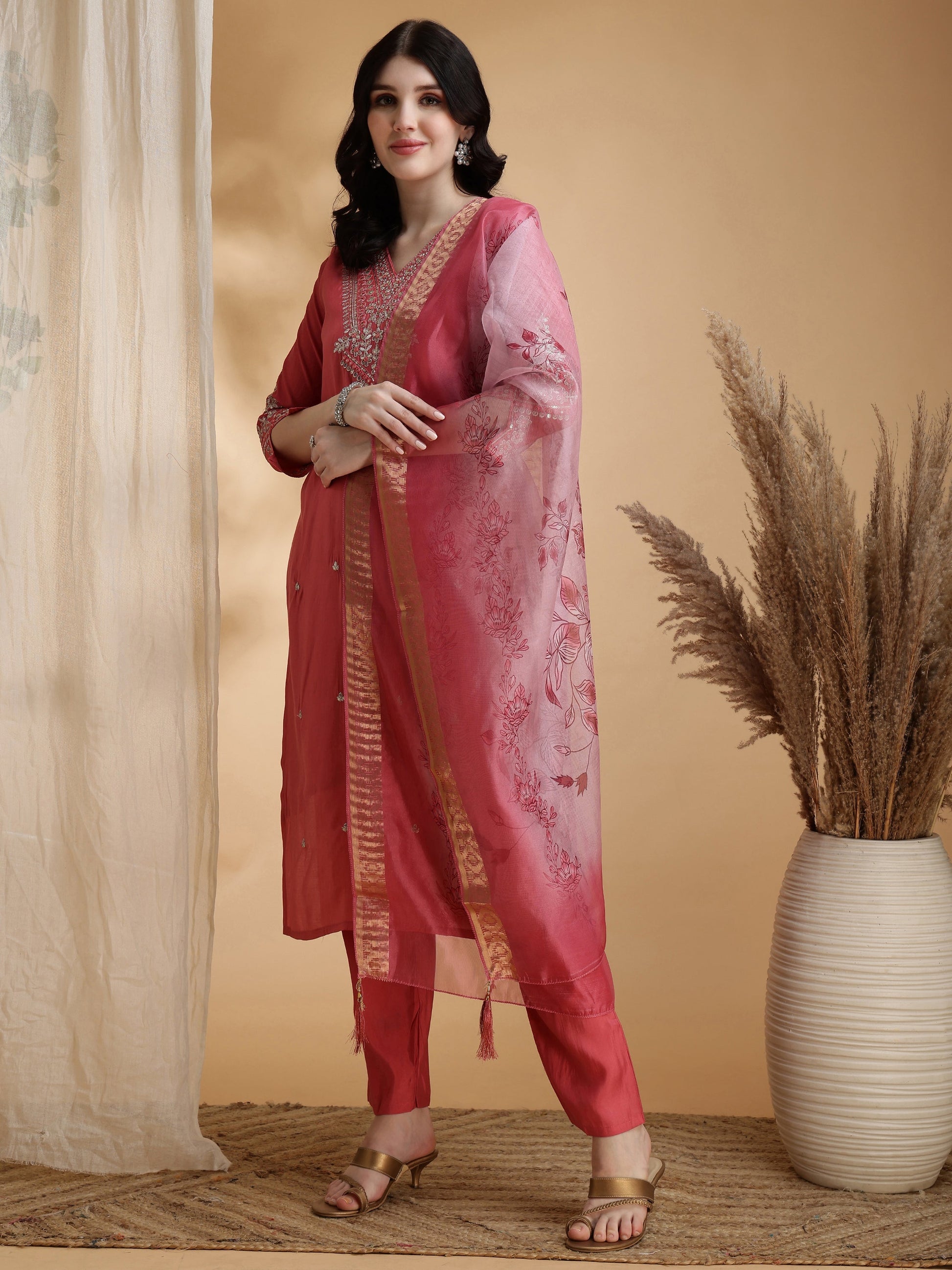 Sequined Embroidered Kurta With Pant & Floral Printed Dupatta, Pink - Hiral Fashion