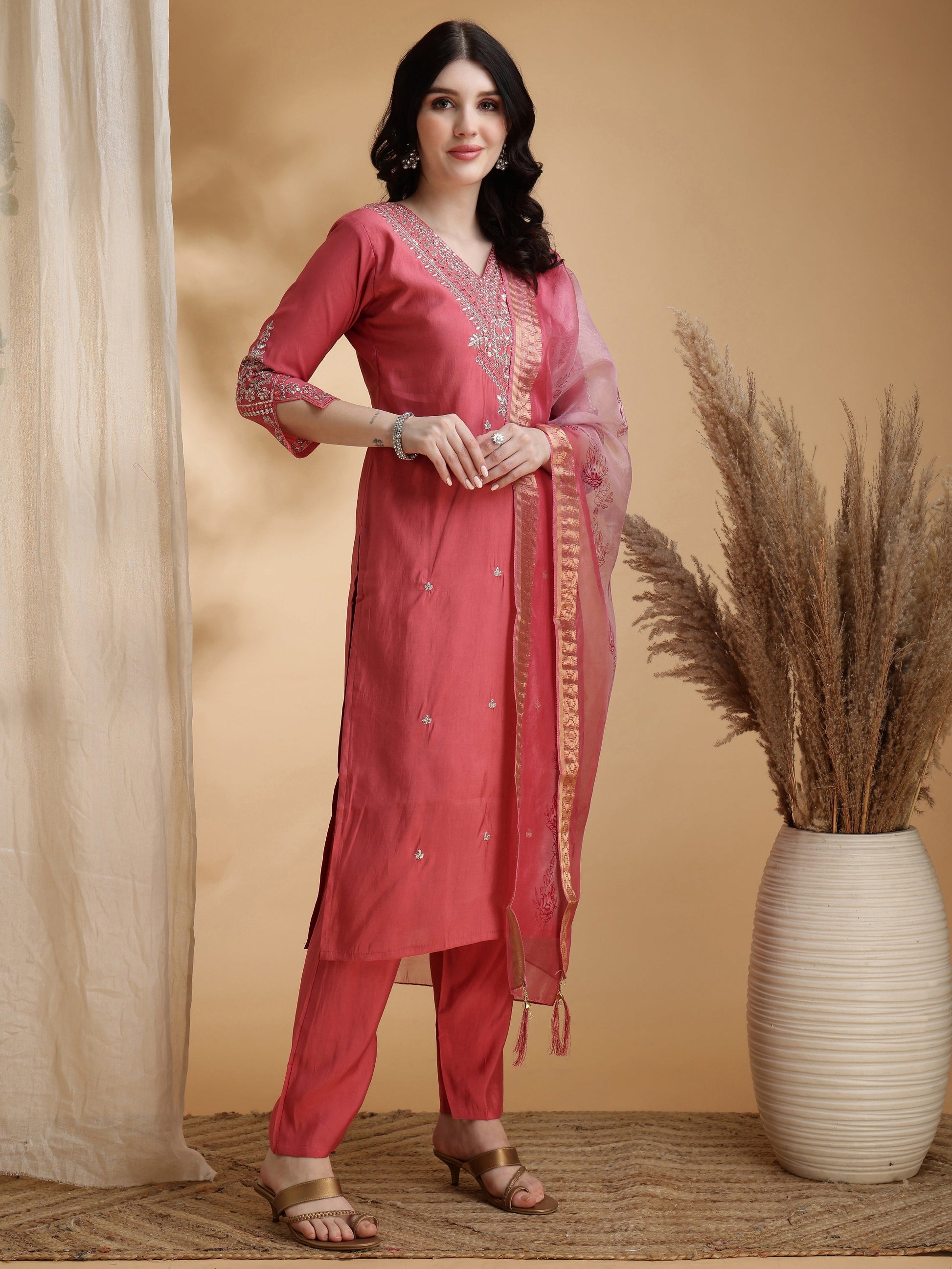 Sequined Embroidered Kurta With Pant & Floral Printed Dupatta, Pink - Hiral Fashion