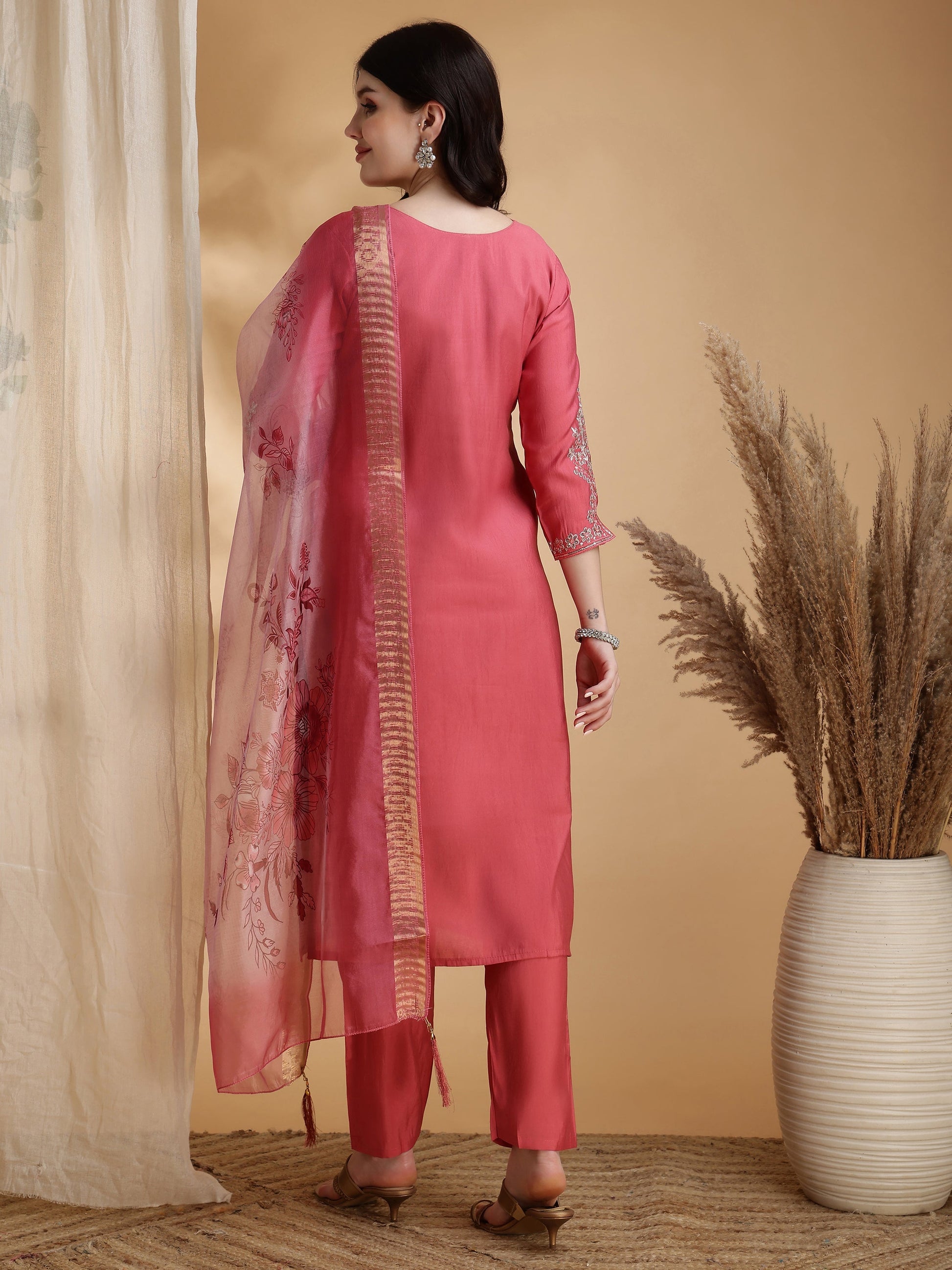 Sequined Embroidered Kurta With Pant & Floral Printed Dupatta, Pink - Hiral Fashion
