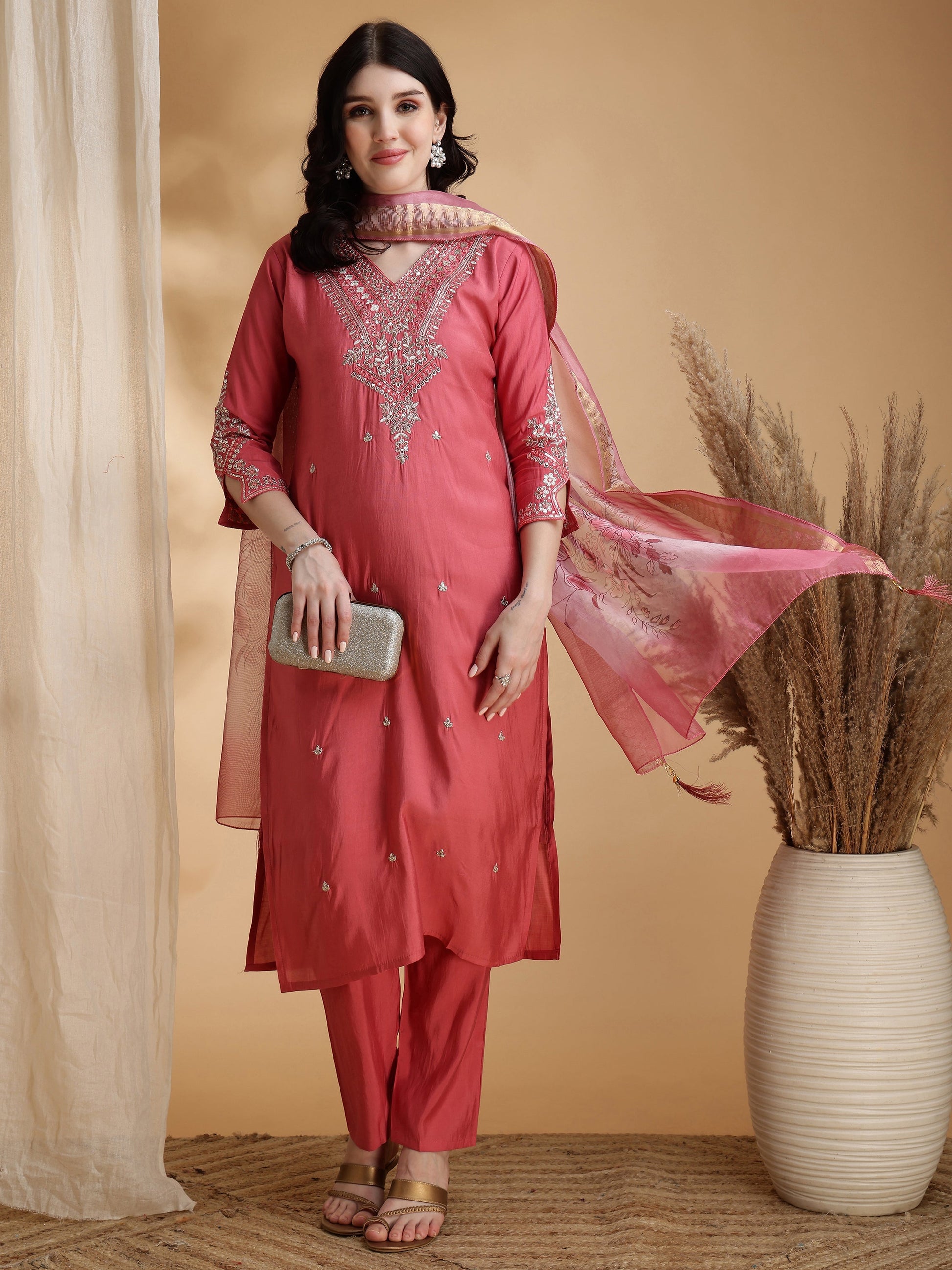Sequined Embroidered Kurta With Pant & Floral Printed Dupatta, Pink - Hiral Fashion