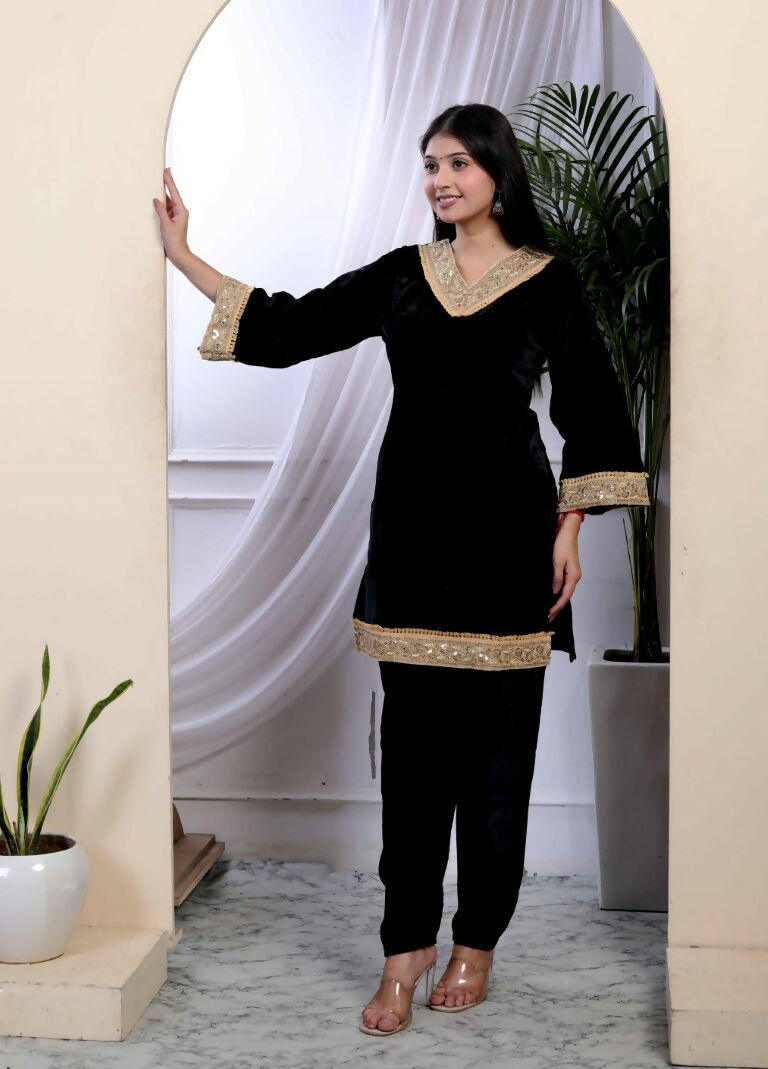 Miravan Women's Black Velvet Dreams Embroidered Co-ord Set 