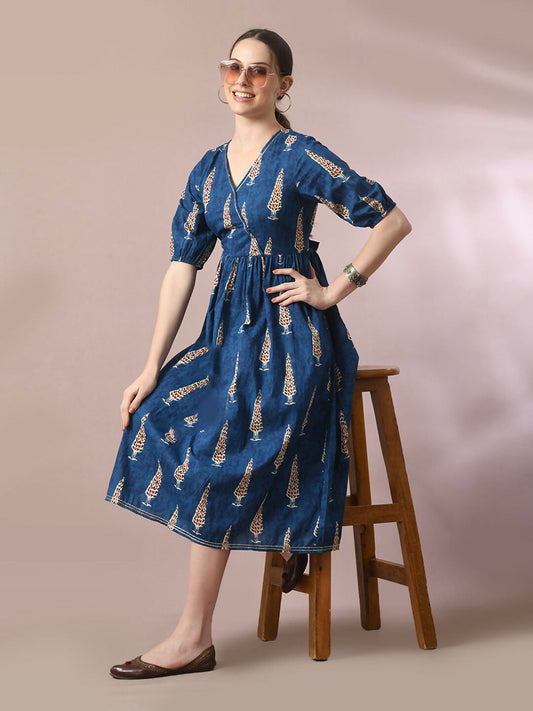 Myshka Women's Blue Printed Cotton V-Neck Empire Party Dress