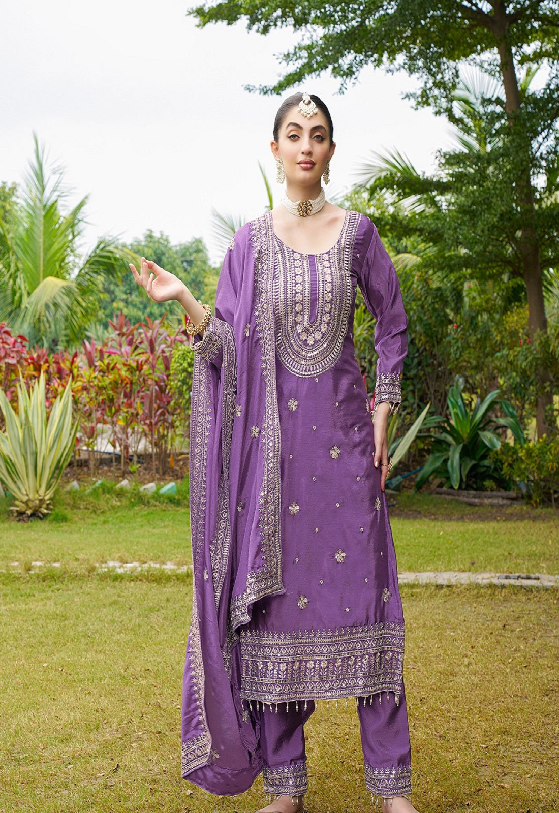 Teeya Creation Purple Color Chinon Silk Heavy Embroidery Work Fully Stitched Salwar Suit