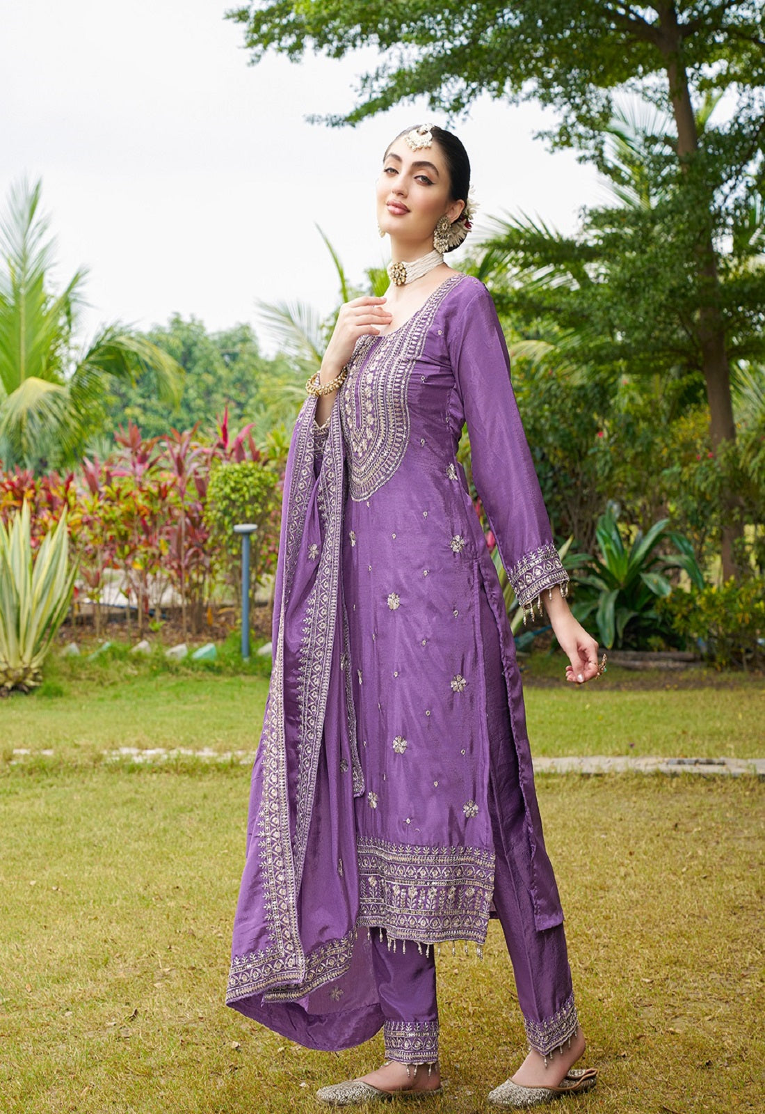 Teeya Creation Purple Color Chinon Silk Heavy Embroidery Work Fully Stitched Salwar Suit