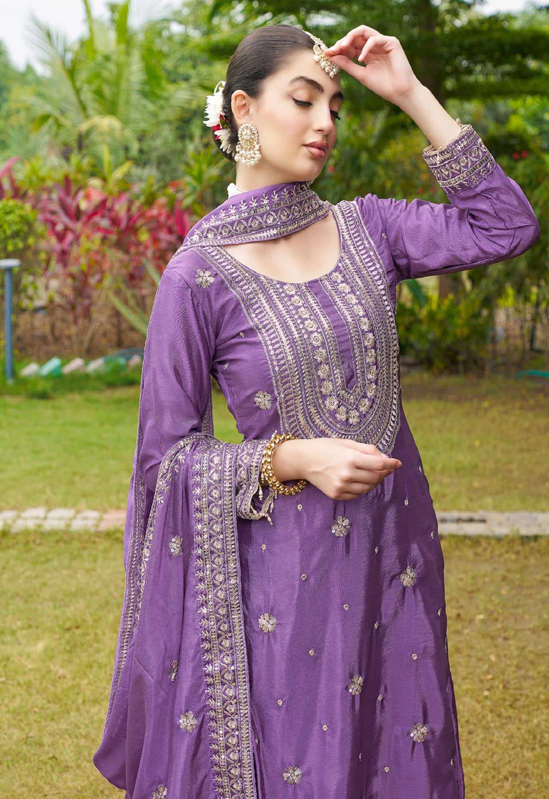 Teeya Creation Purple Color Chinon Silk Heavy Embroidery Work Fully Stitched Salwar Suit