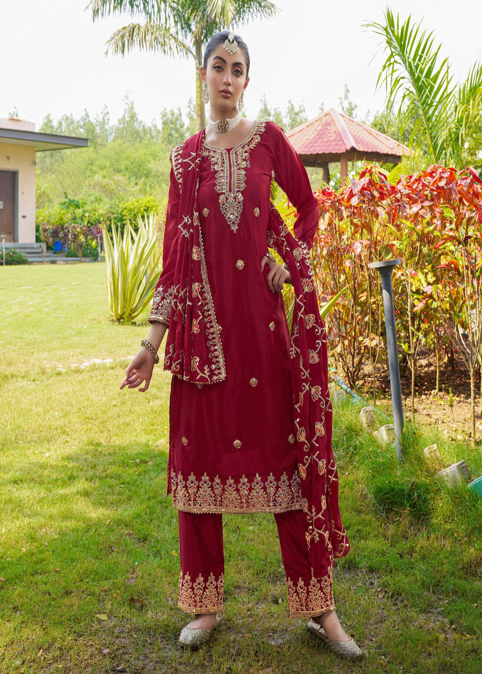 Teeya Creation Rani Color Chinon Silk Heavy Embroidery Work Fully Stitched Salwar Suit