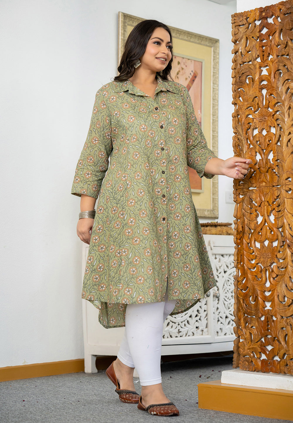 Kaajh Women's Green Floral Printed Plus Size Cotton Kurta