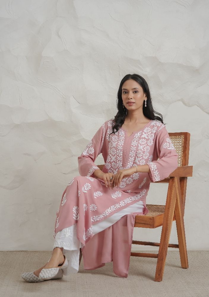Gharana India Modal Onion Pink Coloured Chikankari Kurta 
