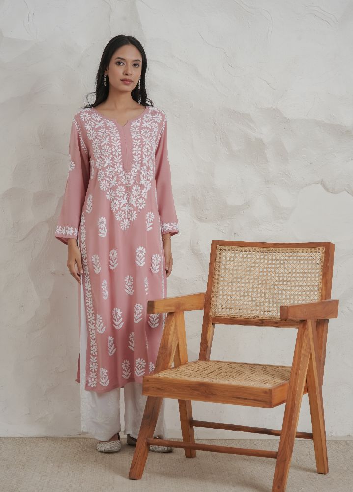 Gharana India Modal Onion Pink Coloured Chikankari Kurta 