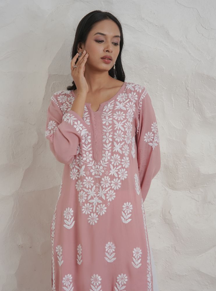 Gharana India Modal Onion Pink Coloured Chikankari Kurta 