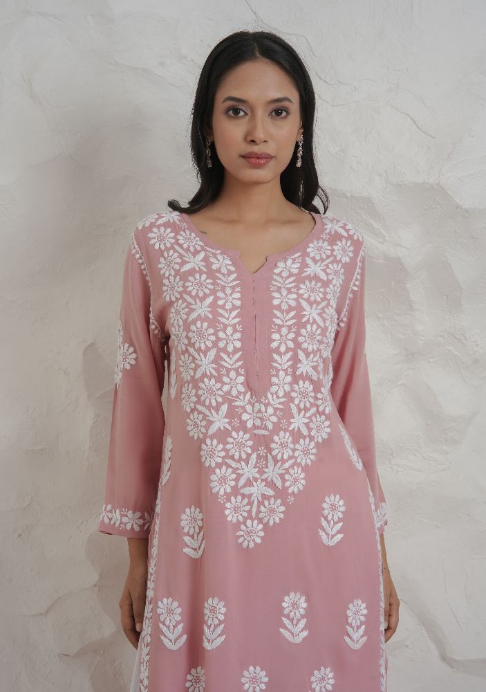 Gharana India Modal Onion Pink Coloured Chikankari Kurta 