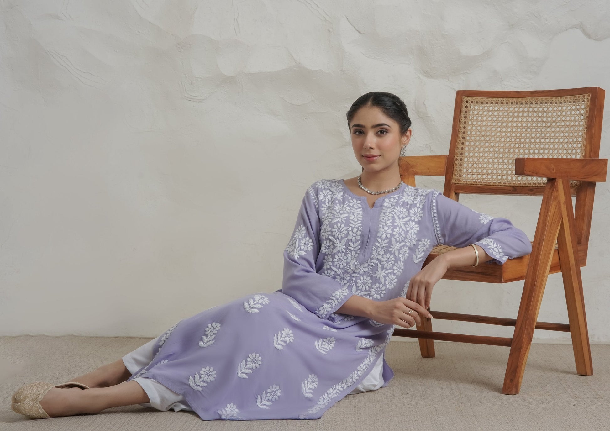 Gharana India Modal Lavender Coloured Chikankari Kurta 