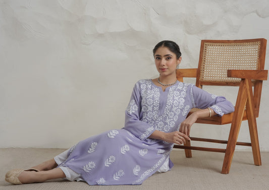 Gharana India Modal Lavender Coloured Chikankari Kurta 
