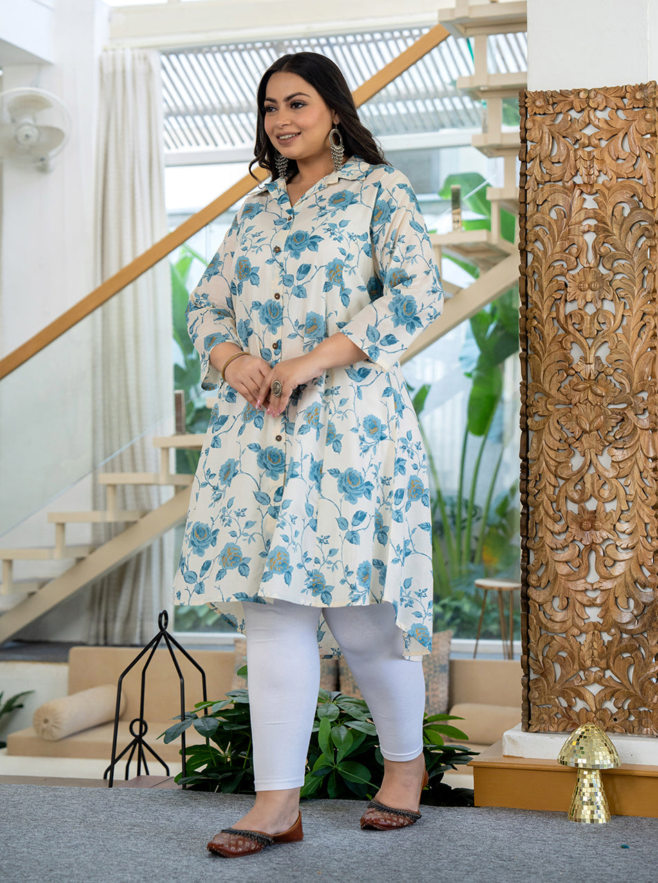 Kaajh Women's Turquoise Floral Printed Plus Size Cotton Kurta