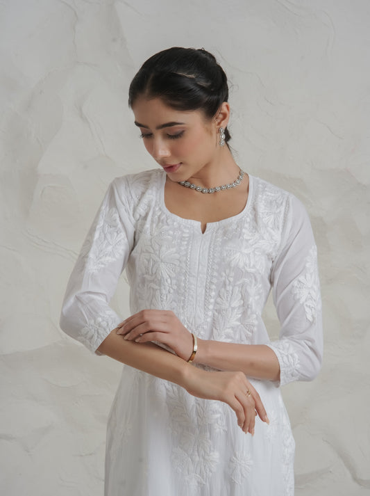 Gharana India Mul Cotton Fine Chikankari Kurta White 