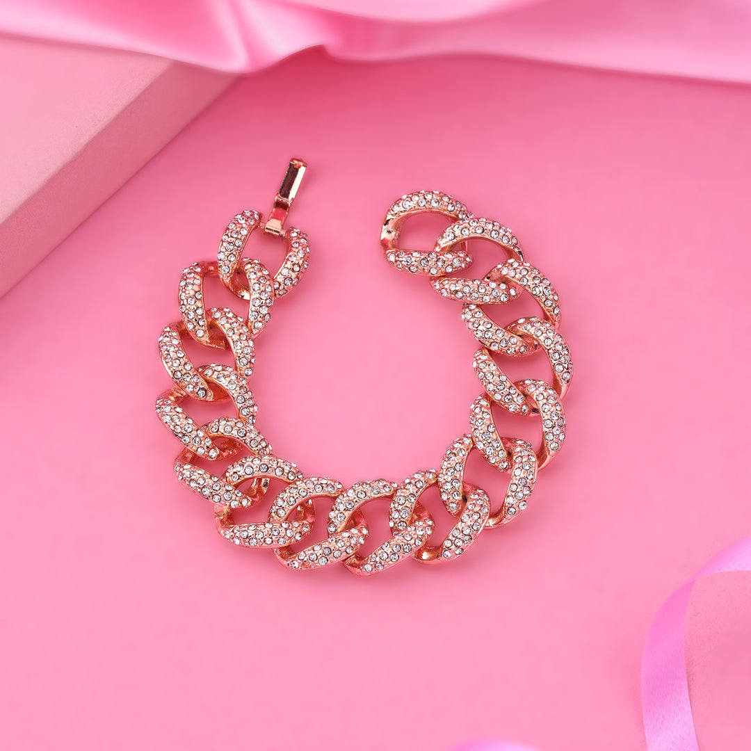 Estele Rose Gold-Polished Exquisite Cuban Bracelet with Stunning White Crystals for Women Estele Accessories