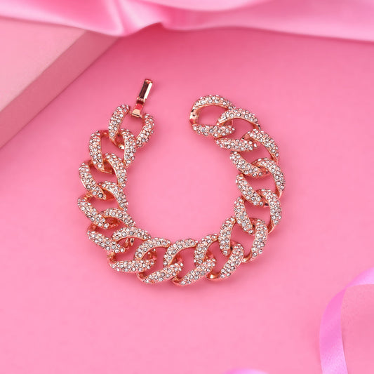 Estele Rose Gold-Polished Exquisite Cuban Bracelet with Stunning White Crystals for Women - Swadesiicart
