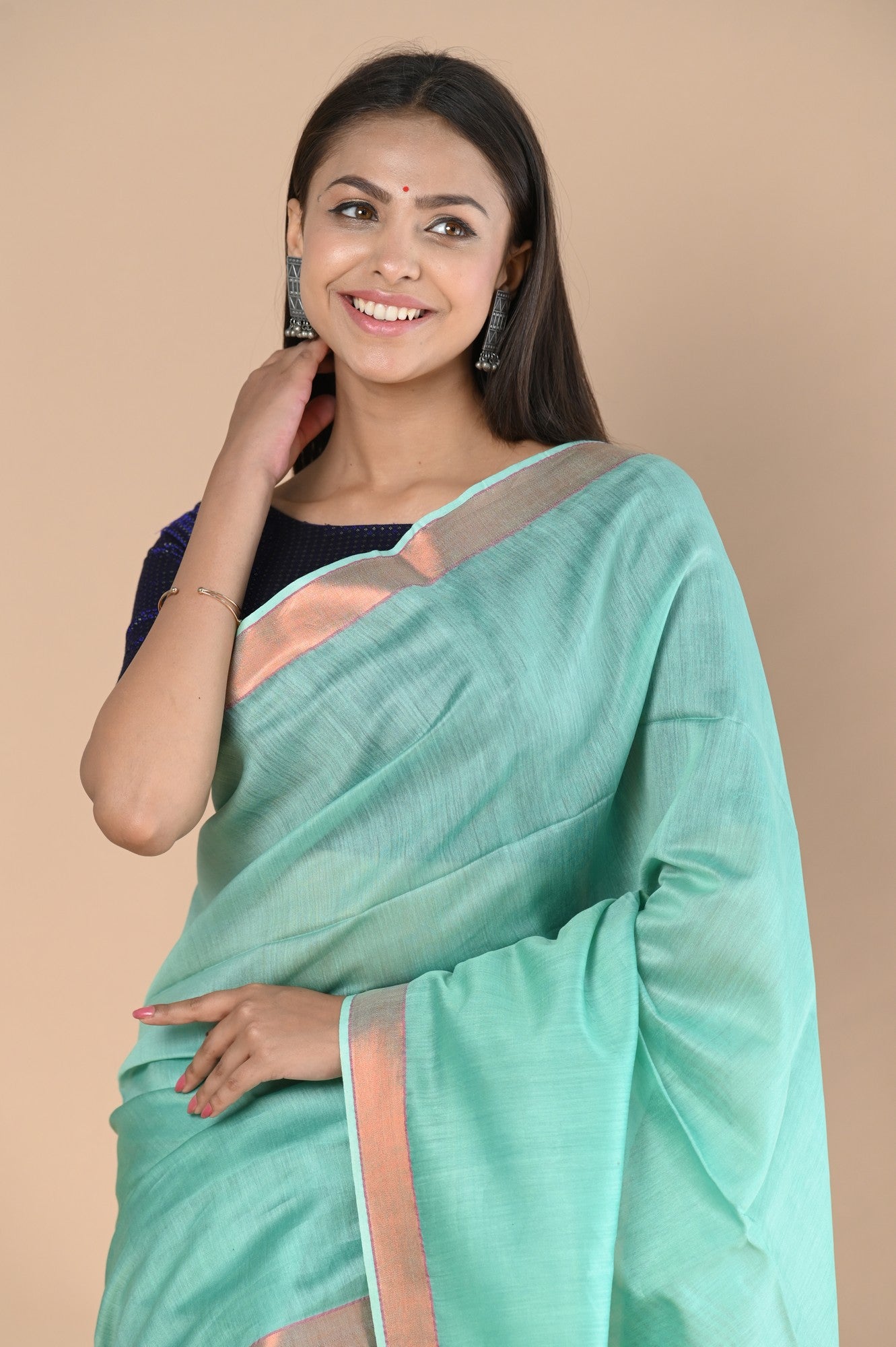 Very Much Indian Handloom Cotton Silk Grab2Buy With Sleek Golden Border - teal green 