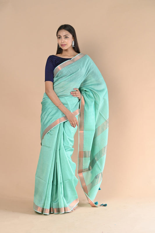 Very Much Indian Handloom Cotton Silk Grab2Buy With Sleek Golden Border - teal green 