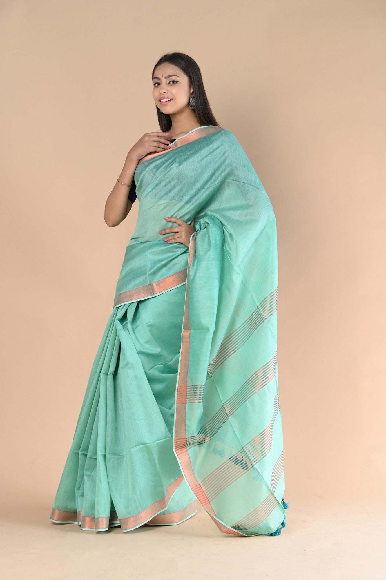 Very Much Indian Handloom Cotton Silk Grab2Buy With Sleek Golden Border - teal green 
