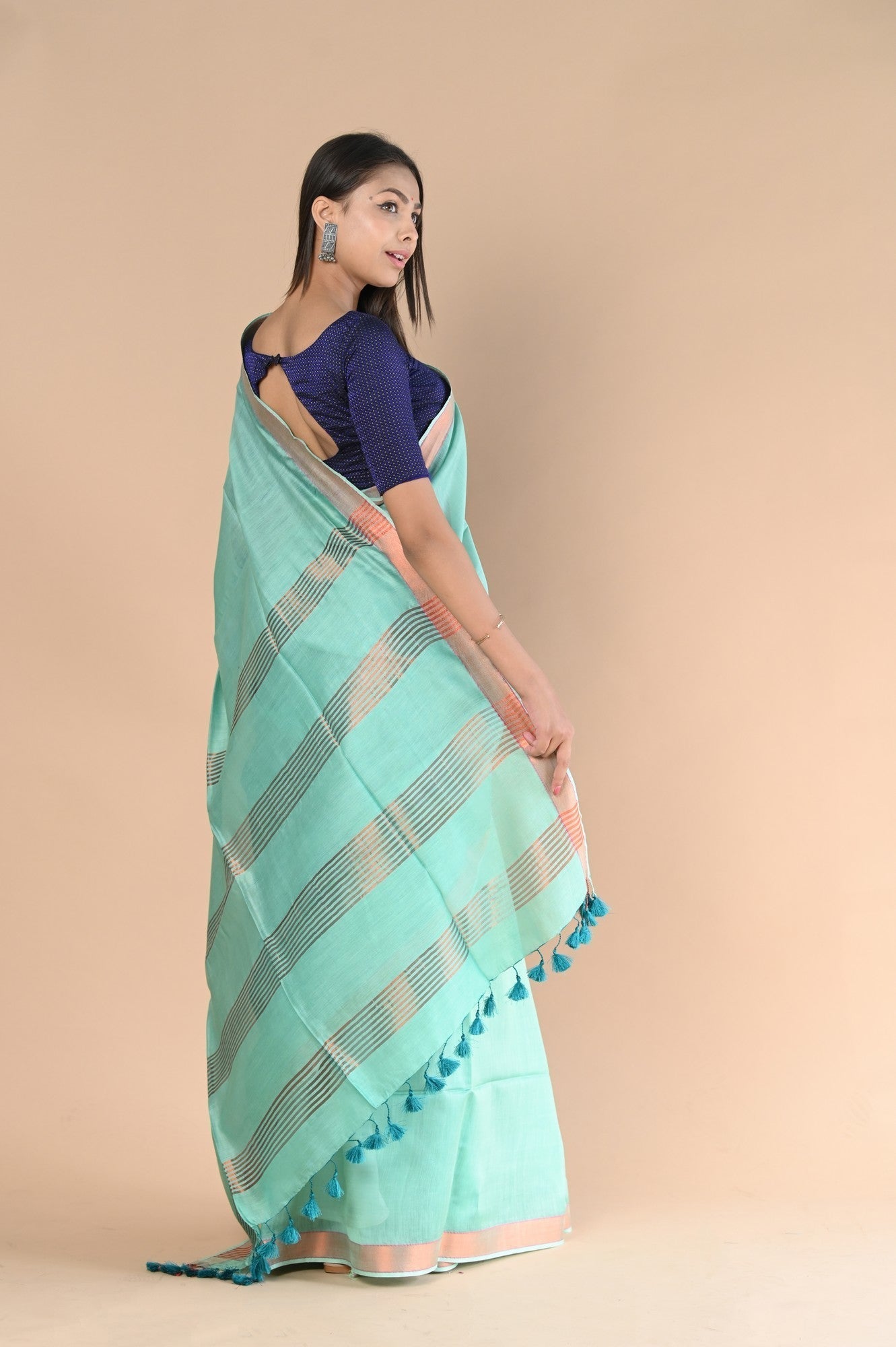 Very Much Indian Handloom Cotton Silk Grab2Buy With Sleek Golden Border - teal green 