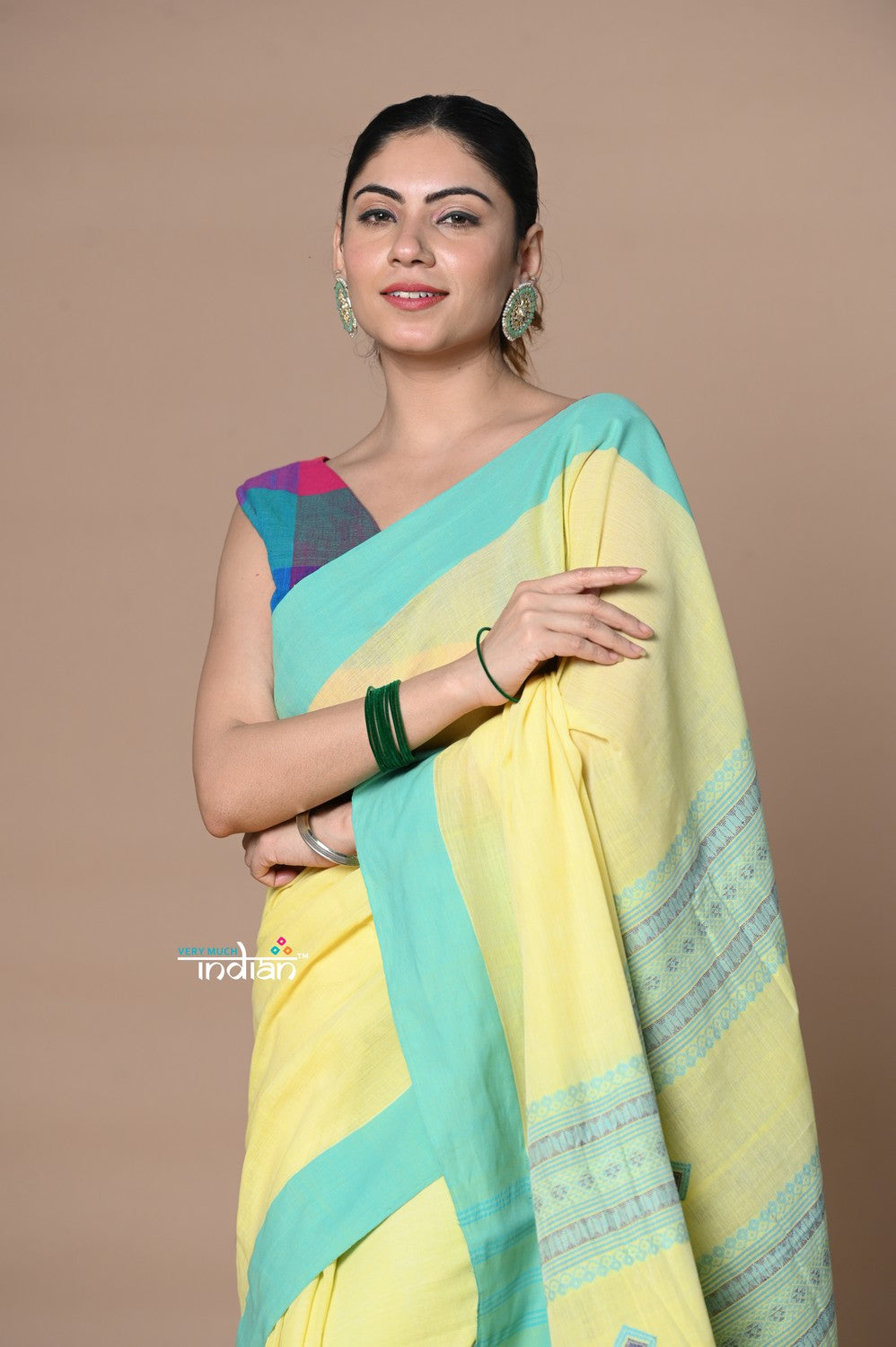 Very Much Indian Rajsi - Handloom Pure Cotton Grab2Buy with Classic Border and Pallu - Yellow 
