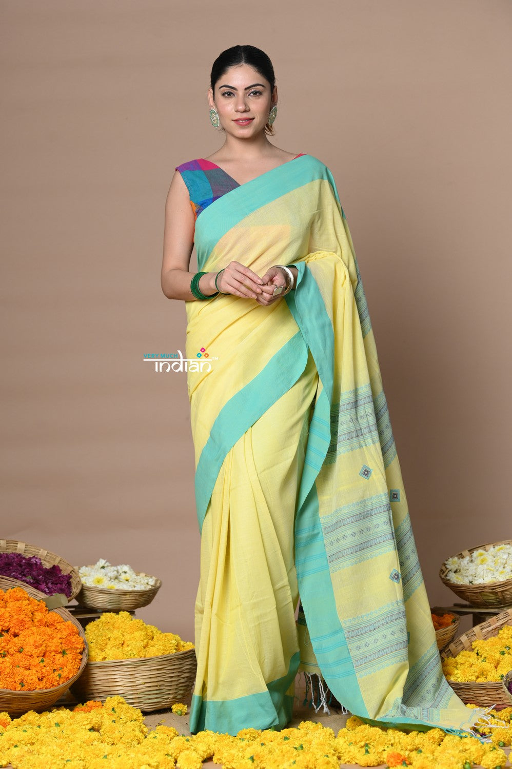 Very Much Indian Rajsi - Handloom Pure Cotton Grab2Buy with Classic Border and Pallu - Yellow 